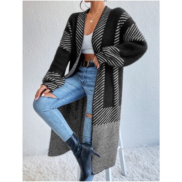 Cozy Color Block Stripes Fuzzy Open Front Cardigan - Picture 11 of 12